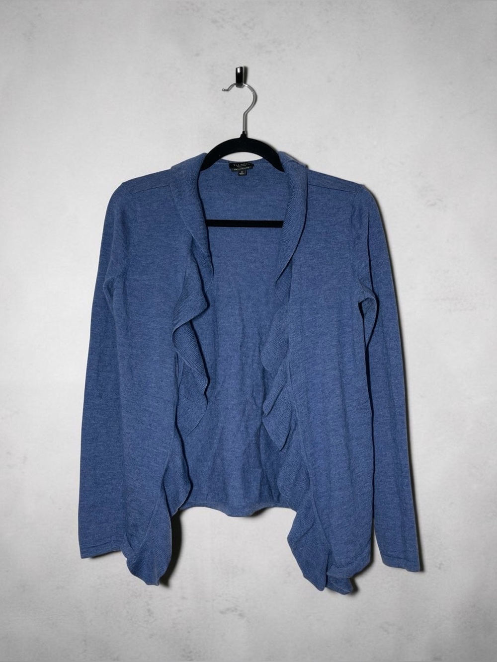 Talbots Women’s S Heathered Blue Open-Front Ruffled Cardigan 100% Merino Wool